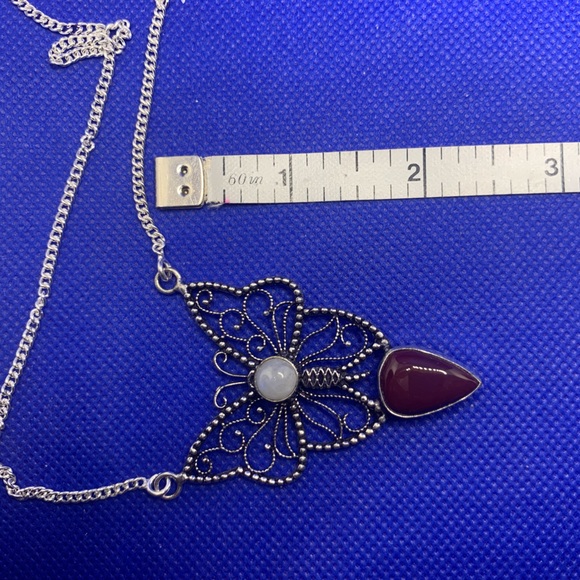 Natural Garnet & Moonstone Butterfly Necklace! .925 Sterling Silver Overlay, 18” - Picture 9 of 9